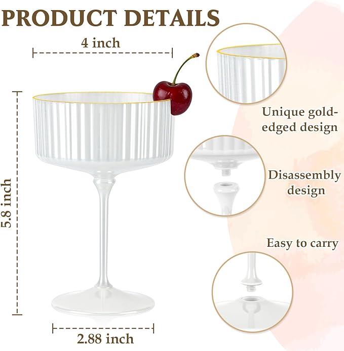 24 PCS Champagne Martini Glasses Pearl White 10 oz Espresso Martini Glasses Gold Rim Disposable Plastic Ribbed Coupe Glasses Vintage Cocktail Glass Champagne Coupe Cup For Wedding Anniversary