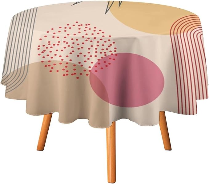 Mid Century Boho Round Tablecloth, Abstract Modern Sun Arch Curve Leaves Geometric Print Tablecloth for Home Party Dining Room Kitchen Decor 60Inch(152cm)