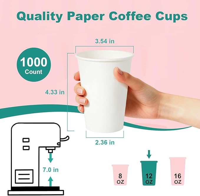 12 oz 1000 Pack Disposable Coffee Cups, Bulk White Disposable Paper Cups, Coffee Cups for Hot Tea, Chocolate and Cold Drinkse