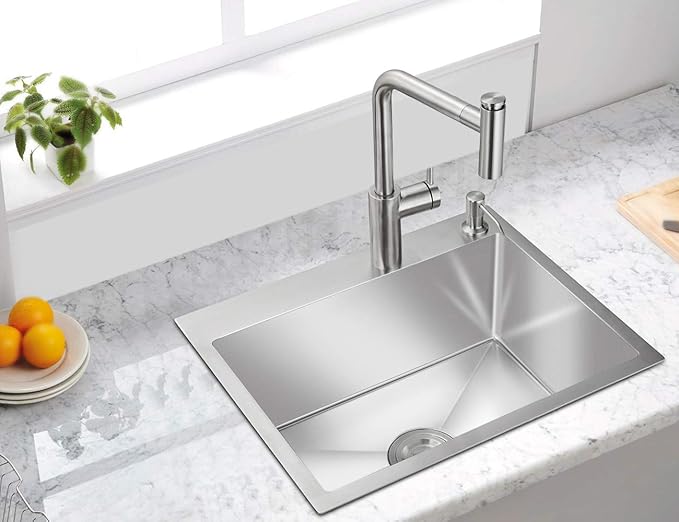 ROVATE 22 x 18 inch Drop-in Kitchen Sink Single Bowl, Small Topmount Kitchen Sink, Handmade 304 Stainless Steel Overmount Sinks with Strainer