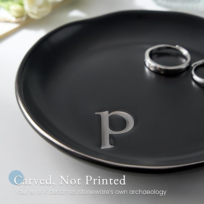 Lolalet Handmade Ceramic Ring Dish Jewelry Tray Plate with Initial, Small Monogram Gift for Her Women Girls Mother, Hostess, Engagement, Bridal Shower, Maid of Honor, Bridesmaid, Birthday, Christmas