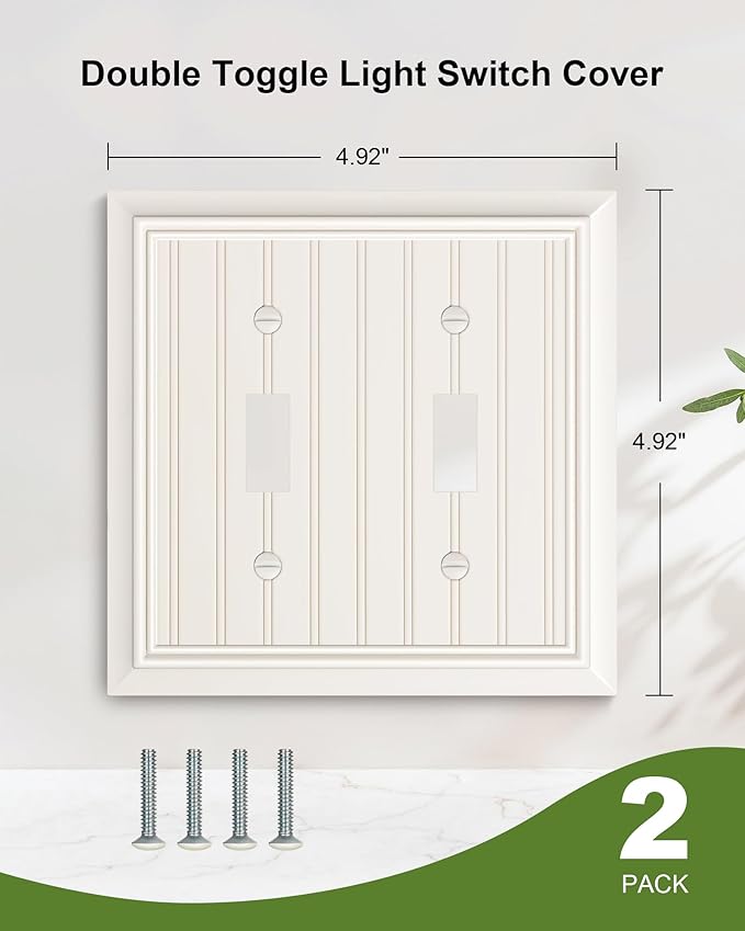 2-Pack Classic Beadboard Double Toggle Light Switch Cover Plate, Durable Natural Bamboo Fiber Decorative Switch Plate Covers, Light Almond 2 Gang Wall Plate