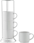 HASENSE Coffee Mugs 12 OZ Ceramic Cups Set of 4, Stackable Embossed Coffee Cups with Rack, Porcelain Coffee Cups for Latte, Cappuccino, Mocha, Cocoa, Americano, Hot Tea and Milk, White