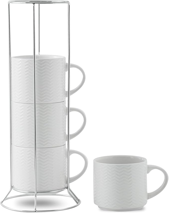HASENSE Coffee Mugs 12 OZ Ceramic Cups Set of 4, Stackable Embossed Coffee Cups with Rack, Porcelain Coffee Cups for Latte, Cappuccino, Mocha, Cocoa, Americano, Hot Tea and Milk, White