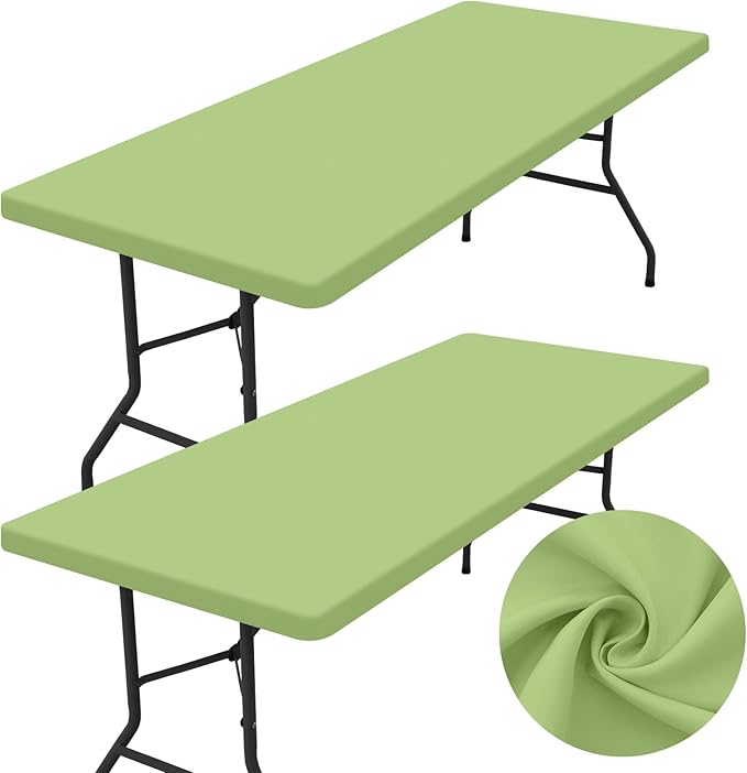 homing 2 Pack Rectangle Table Cloth, Elastic Fitted Fabric Tablecloth Fits for 6 Foot Folding Tables, Washable Table Cover for Picnic, Camping, Indoor & Outdoor (Sage Green, 30" x 72")