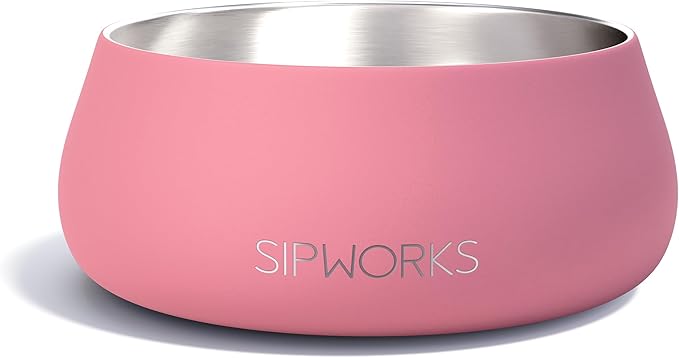 Sipworks Stainless Steel Dog Bowl – 32oz Weighted Metal Food and Water Bowls for Dogs and Cats with Non-Slip Base - Pet Bowls for All Breeds Sizes for Travel & Outdoor Play | Bubblegum