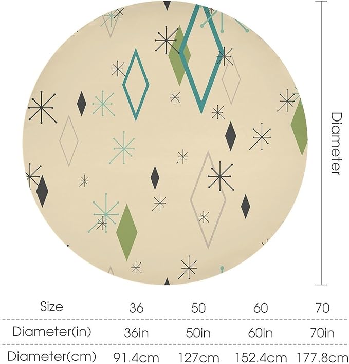 Colorful Middle Century Round Tablecloth, Vintage Bohemian Mid Century Modern Retro Print Tablecloth for Home Party Dining Room Kitchen Decor 60Inch(152cm)