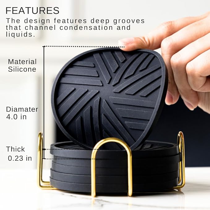 Black Silicone Coasters Set of 6 with Gold Holder - Smart and Modern Design That Holds Your Drink’s condensations, Protecting Your Coffee Table, Perfect Decor for Home, Office, bar