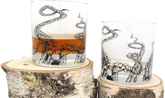 Black Lantern Octopus Tentacle Whiskey Glasses - Set of Two 11oz. Old Fashioned Glasses with Gift Box