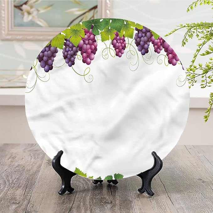 Decorative Plates, Vineyard Print Ornament, Leaves and Ripe Grapes, 6 Inch, 1 Plate with 1 Display Stand, Multicolor