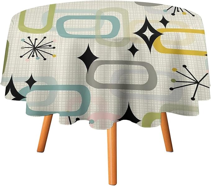 Mid Century Modern Round Tablecloth, Geometry Bohemian Retro Abstract Tablecloth for Home Party Dining Room Kitchen Decor 50Inch(127cm)