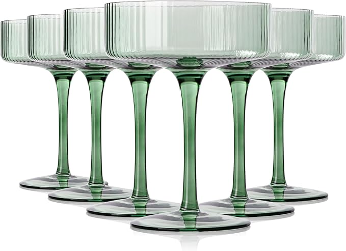 Green 9 oz Vintage Art Deco Coupe Glasses Set of 6 Ribbed martini Glasses |Vintage Cocktail Glasses Set,Unique Colored Coupe Glass, Classic Cocktail Glassware