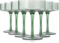 Green 9 oz Vintage Art Deco Coupe Glasses Set of 6 Ribbed martini Glasses |Vintage Cocktail Glasses Set,Unique Colored Coupe Glass, Classic Cocktail Glassware