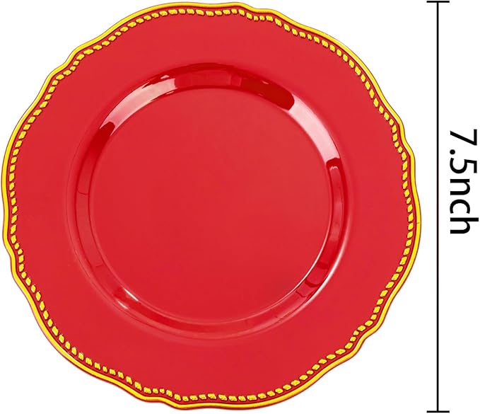 Hioasis 60pcs Red Plastic Plates - Red and Gold Disposable Dinnerware with Gold Rim, Heavy-duty, 7.5 inch, Dessert Plates for Party & Christmas