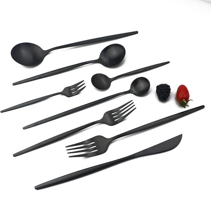 JASHII 32-Piece Tableware Set Stainless Steel Flatware Set with Coffee Spoon Long Handle Spoon Premium Cutlery Service for 4 Satin Finish Utensils for Home (Black)