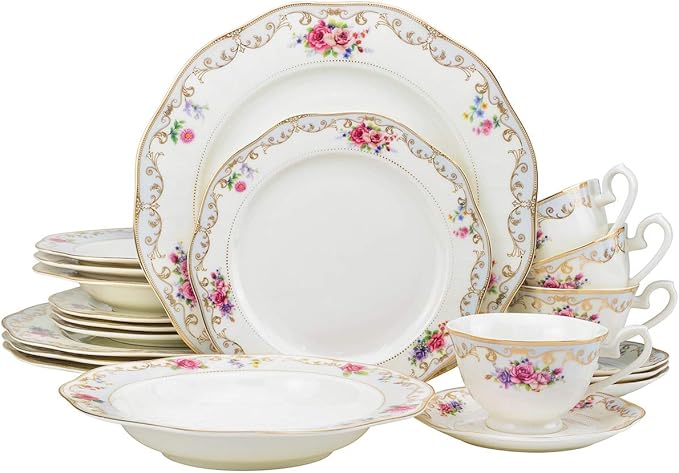 EURO Porcelain 20-pc. Dinner Set Service for 4, 24K Gold-plated Luxury Bone China Tableware ("Romantic Bloom" 6417-20)