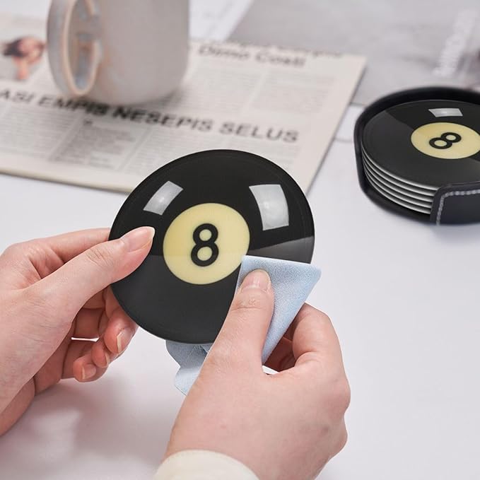 Black 8 Billiard Coasters for Drinks with Holder Round Leather Coasters Set of 6 Cups Mugs Mat Pad for Home Kitchen Bar