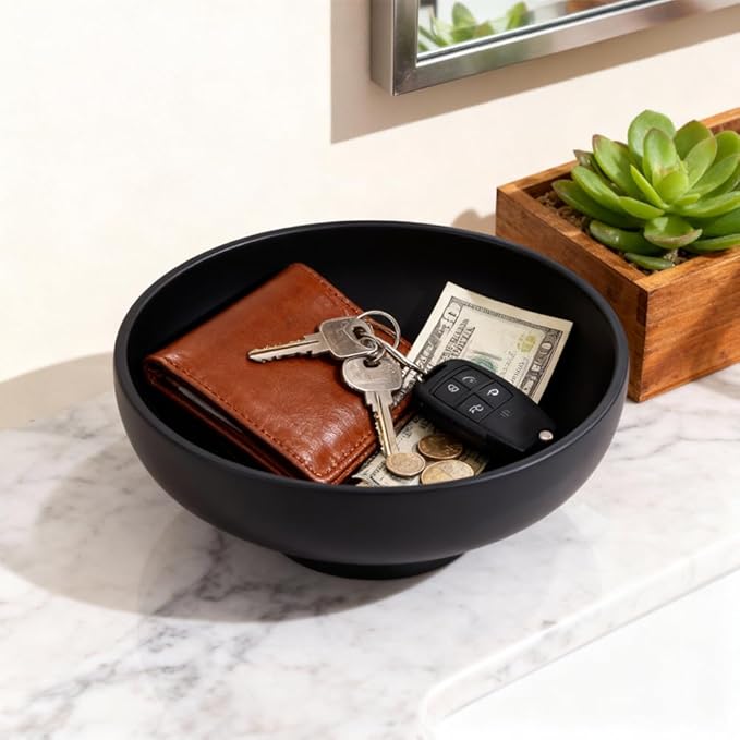 Black Decorative Pedestal Bowl 10.8in, Food Safe Resin Fruit Bowl for Kitchen Counter, Modern Centerpiece Dish for Coffee Table Dining Table, Entryway Key Catchall, Matte Finish