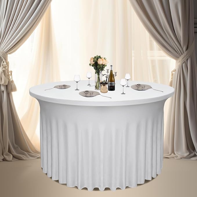 4 Pack White Round Table Skirt, 48 Inch Diameter x 30 Inch Height, Stretch Polyester Spandex Tablecloth for 4ft Round Tables, Stain & Wrinkle Resistant for Wedding, Party, Banquet Decor