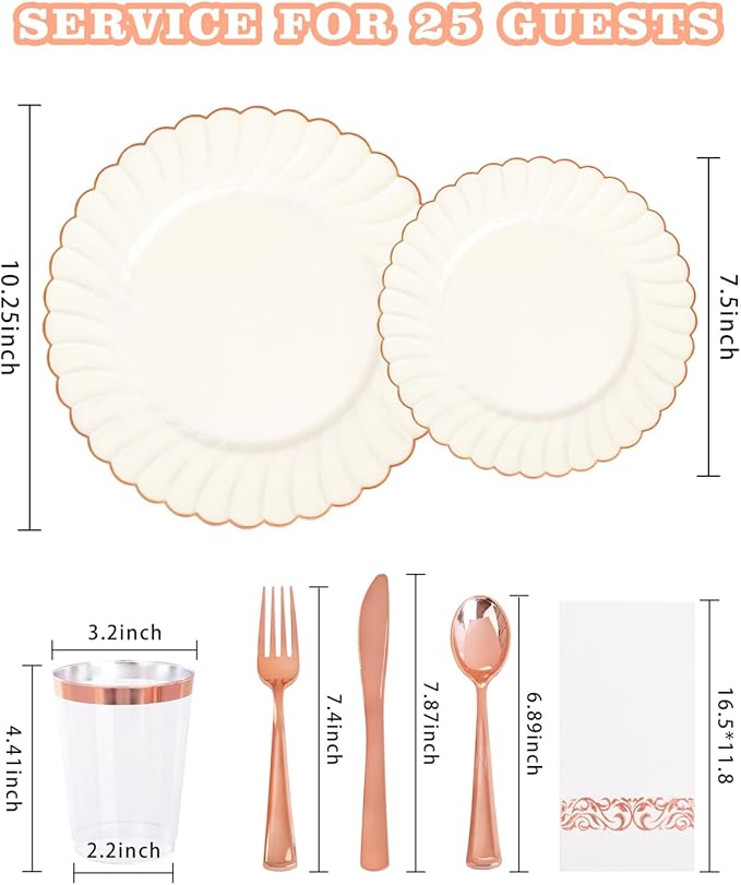 YOUBET 175PCS Ivory Scalloped Plastic Plates - Rose Gold Disposable Dinnerware Set Include 50 Plates, 75 Rose Gold Silverware, 25 Cups, 25 Napkins for Party & Wedding & Baby Shower