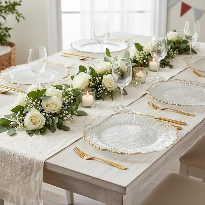 LOYALHEARTDY 25 Pack 13 Inch Charger Plates, Clear Plastic Reef Rim Charger Plates with Gold Rim, Round Decorative Underplates for Wedding, Party, Dinner Table