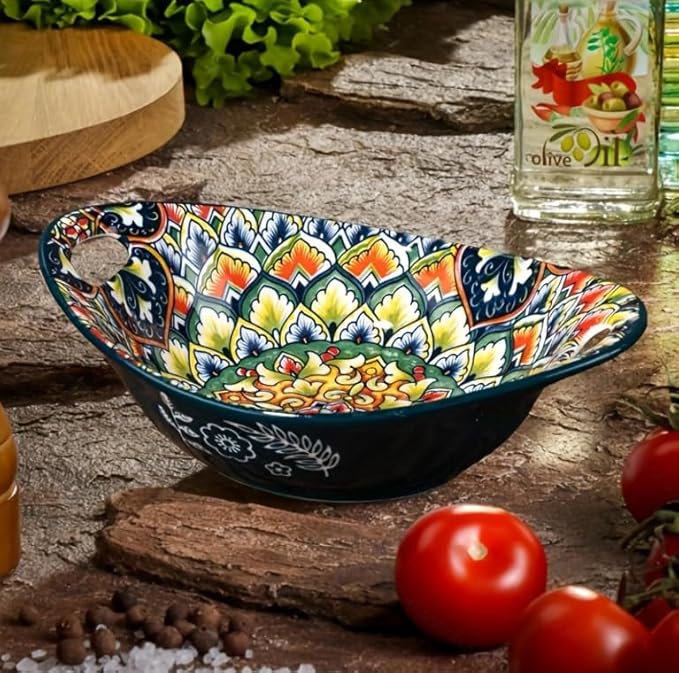 Ceramic Large Soup Bowl with Double Handle 9 inch Set of 4-20 oz, Embossed Bowl Set for Salad, Oatmeal, Dessert, Pasta, Stew, Dishwasher & Microwave Safe - Colorful