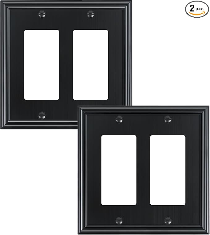 2-Pack Decorative Double Decorator Outlet Cover Plate, Durable Zinc Alloy Black Wall Plates for Electrical Outlets, Receptacle, GFCI Outlet, Dimmer Switch, 2-Gang, Corrosion Resistant