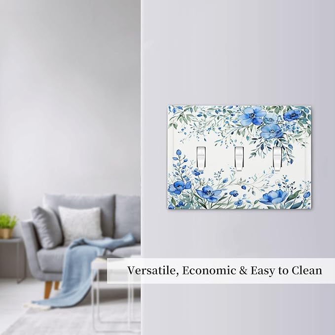 Light Switch Cover Blue Watercolor Flowers Retro Floral Leaves 3 Gang Wall Plate Triple Light Switch Plate Toggle Decorative Outlet Covers Electrical Switchplate for Bathroom Bedroom Decor