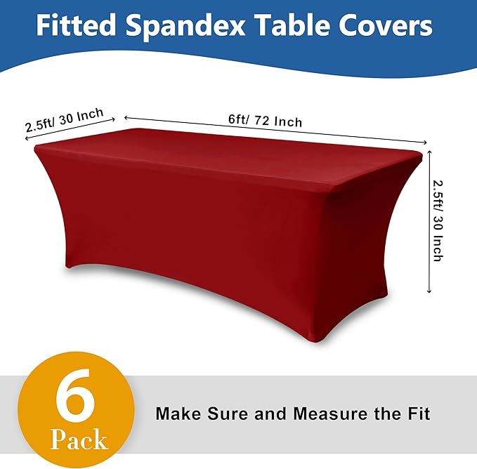 Spandex Table Cover for 6 Foot Rectangle Tables-6 Pack Fitted Stretch Red Tablecloth-Elastic 6ft Christmas Tablecloths for Party, Vendor Booth Display, Banquet Buffet Event, Craft Trade Show