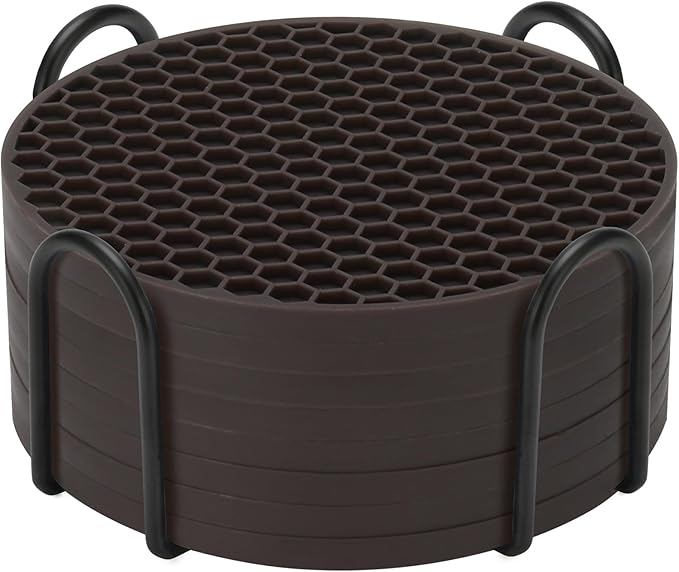 Silicone Coaster Set of 8 with Holder, Drinks Coasters, Coffee, Anti-Slip, Non-Stick, Anti-Overflow Tabletop Protection and Decor (8 Pcs, Coffee)