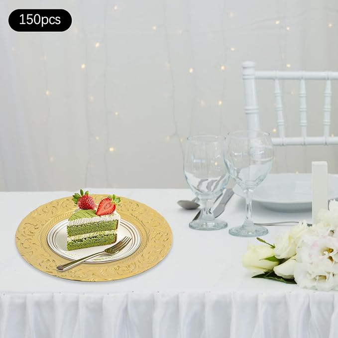 150 Pcs Antique Charger Plates Bulk, 13in Reusable Serving Plates Embossed Rim Plastic Party Dinner Plate Chargers Round Decorative Server Plate for Wedding Party Event Tableware