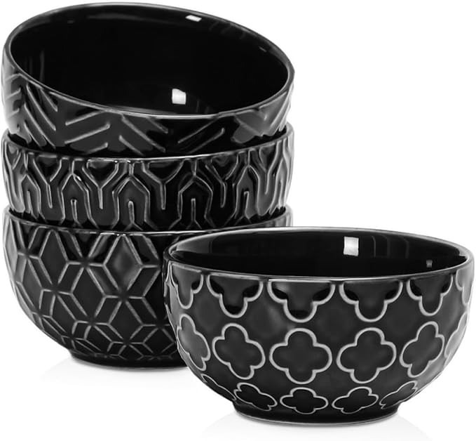 Sureasy Small Bowls 4 OZ, 3.5 Inch Dipping Bowls, Ceramic Embossed Mini Bowl for Side Dishes, Sauces, Appetizer, Housewarming, Set of 4, Black