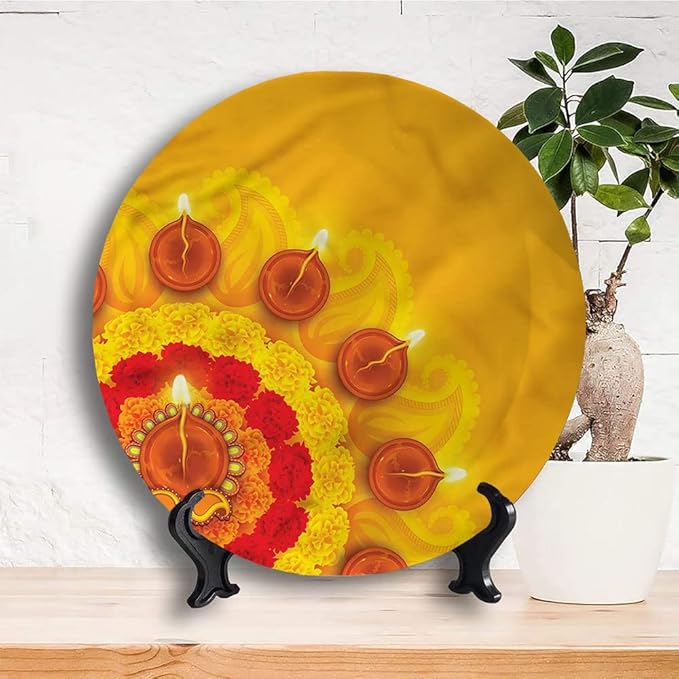 Ceramic Plates, Diwali Decorative Ceramic Plates, Flowers Diwali Festive, 7 Inch, Household Plates Decorative, Multicolor