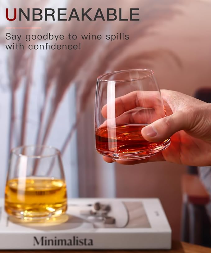 Stemless Wine Glasses Set of 6-15oz【Hand-Blown】 Durable Red White Wine Glasses,Unique Crystal Gifts for Him/Her for Wedding, Birthday，Engagement,Valentine's Day