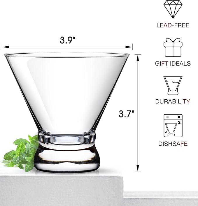 LUNA & MANTHA Martini Glasses Set of 4, Stemless Martini Cocktail Glasses for Margarita, Manhattan, Cosmopolitan, Home Bar, Evening Parties, Birthdays, Housewarming Gift, Crystal Clear 8 OZ