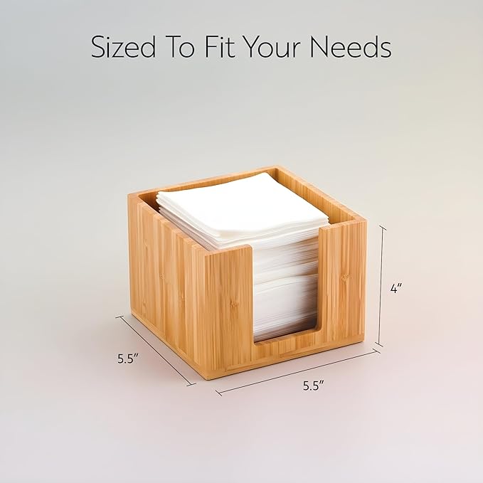 5.5 x 4 Inch Cocktail Napkin Holder, 1 Square Flat Napkin Holder - For Bars, Kitchen Tables, or Countertops, Sturdy, Natural Bamboo Tissue Napkin Holder, Dining Room Decor - Restaurantware