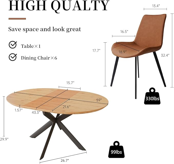 43.2"-59.1" Extendable Round Dining Table Set, Mid Century Wooden Round Kitchen Table, Oak Coffee Table for 4-6 Person,PU Leather Chair