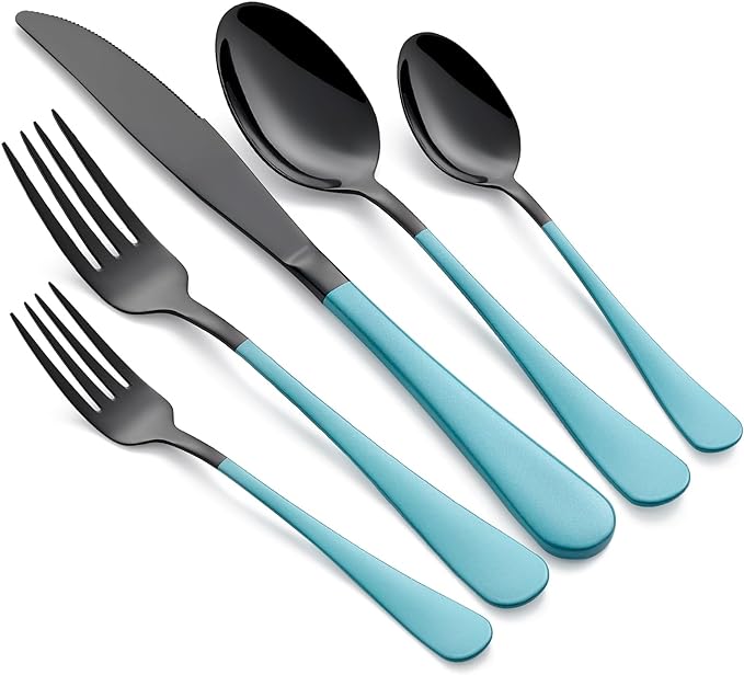 20-Piece Lake Blue Silverware Set 18/0 Stainless Steel Black Silverware Set Lake Blue Handle Cutlery Black Set Service for 4 Dinner Knives Forks Spoons Flatware Set Dishwasher Safe