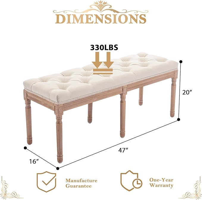 Bonzy Home 47” Bedroom Bench,French Vintage Tufted Entryway Benches Upholstered Dining Benches with Cushion,Linen Fabric End of Bed Bench for Bedroom Living Room Entryway,Beige