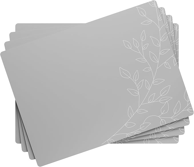 Royalty Art Silver Grey Boho Placemats, 4 Pc. Set, Non-Slip Cork Backed, Wipeable Heat Resistant Surface for Kitchen and Dining Table Protection, Cute Floral Pattern for Farmhouse or Rustic Decor
