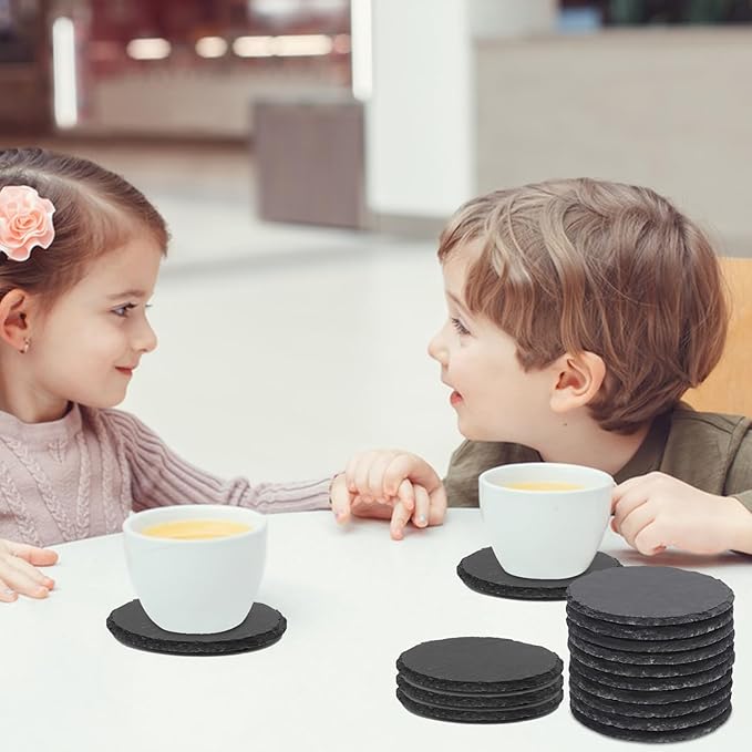 50 Pack 4 Inch Round Slate Coasters for Drinks, Black Stone Coasters with Anti-Scratch Bottom, Ideal for Home Decor, Bar, Housewarming Gifts, and Laser Engraving KUKLIPJIM