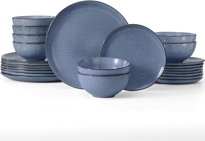 Famiware Moonlight Plates and Bowls Sets, 24 Pieces Stoneware Dinnerware Sets with Linen Finish, Handmade Dishware Set for 8, Microwave and Dishwasher Safe, Chip and Scratch Resistant, Blue