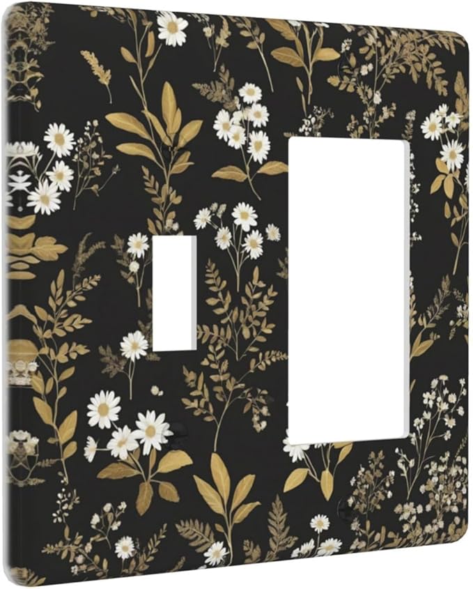 Light Switch Cover Black/Gold Boho Botanical Floral Rustic Flowers 2 Gang Toggle Rocker Combo Socket Cover Wall Plates Decorative Switch Plates and Outlet Covers for Bathroom Kitchen Decor