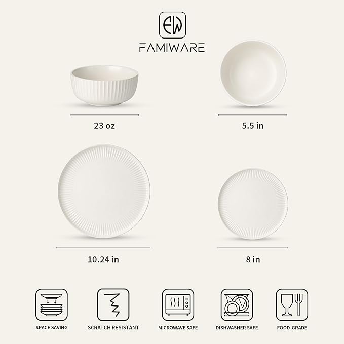Famiware Starlight Plates and Bowls Dishes Set of 8 (24 Pieces), Ribbed Textured Stoneware Dinnerware Sets- Dishwasher & Microwave Safe, Chip Resistant, Matte Reactive White
