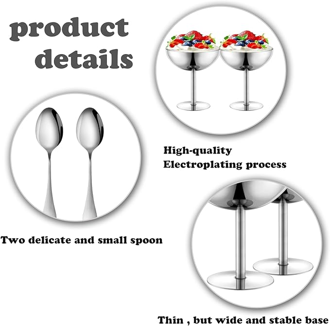Ice Cream Bowls Stainless Steel Dessert Cups with Spoons Reusable Footed Sundae Cups Ice Cream Cups for Dessert, Frozen Yogurt, Gelato, Birthday Party Decorations (2, Silver)