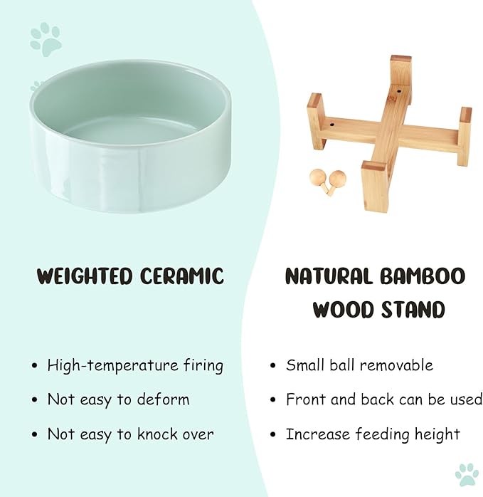 SPUNKYJUNKY 15° Slanted Ceramic Dog and Cat Bowl with Wooden Stand, Tilted Bulldog Food and Water Bowl No Slip Non-Spill for Cats Medium Dogs Big Face Pets 28.7 OZ (3.6 Cups, Morandi Green)