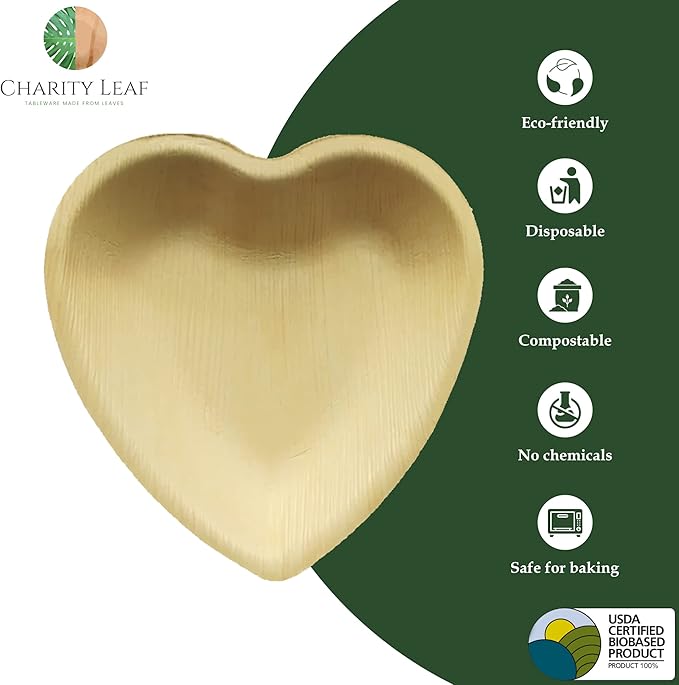 Charity Leaf Disposable Palm Leaf 6" Heart Plates (100 pieces) Bamboo Like Serving Platters, Disposable Boards, Eco-Friendly Dinnerware For Weddings, Catering, Events