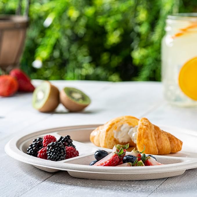 GUSTO [Case of 500 10 Inch Heavy-Duty 100% Compostable, 3 Compartment Eco-Friendly, Disposable Sugarcane Paper Plates - Brown Unbleached (Formerly Comfy Package)