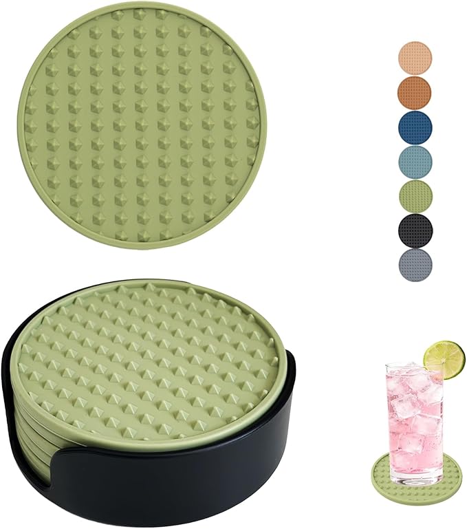 Set of 6 Silicone Coasters, 4'' Drink Coaster with Holder, Round Coasters for Drinks Beer Coffee Home Office Bar Desk Tabletop Protection, Non-Slip Rubber Coaster (Green, 6 Pcs-Plastic Holder)