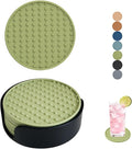 Set of 6 Silicone Coasters, 4'' Drink Coaster with Holder, Round Coasters for Drinks Beer Coffee Home Office Bar Desk Tabletop Protection, Non-Slip Rubber Coaster (Green, 6 Pcs-Plastic Holder)